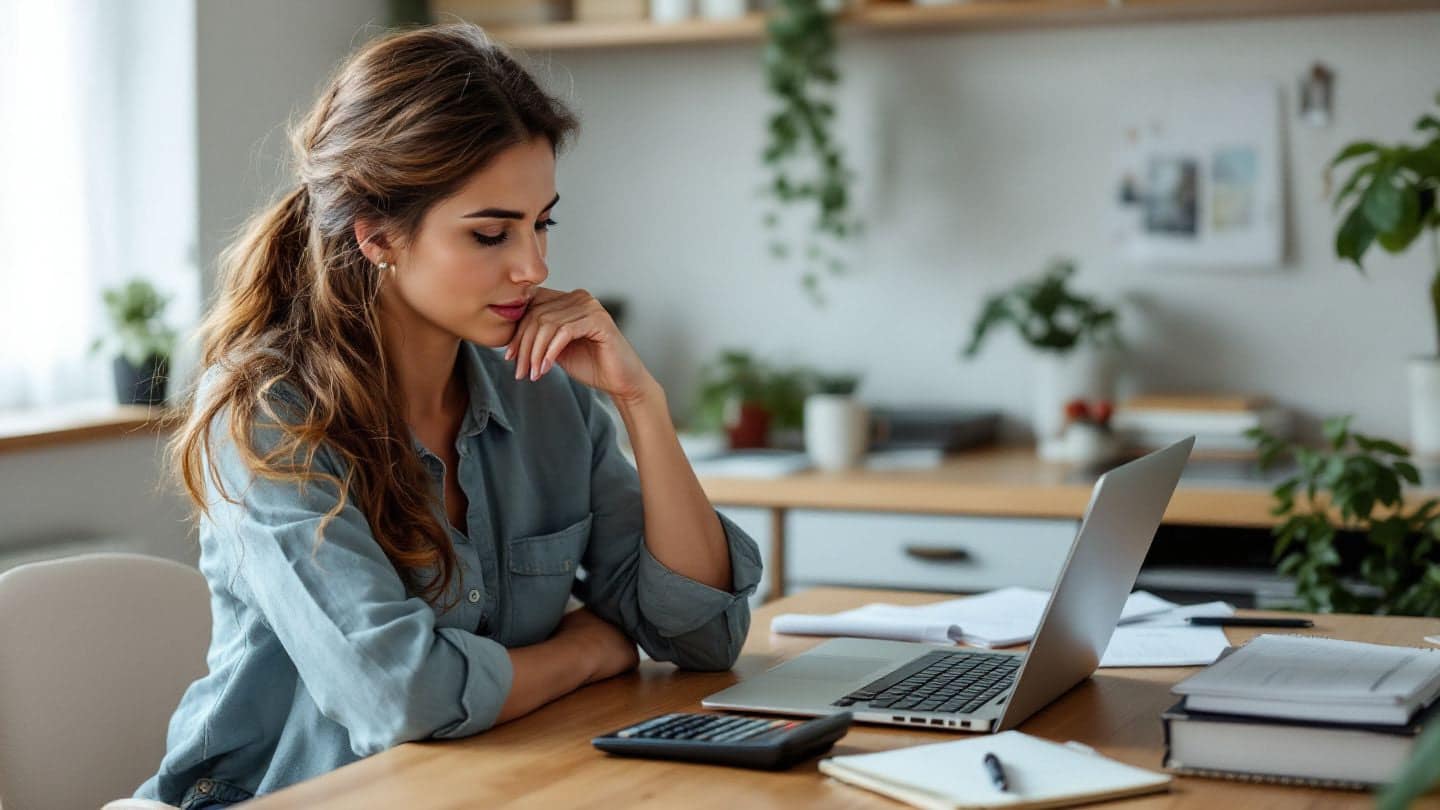 A business owner works through costs with a laptop and calculator at her desk.