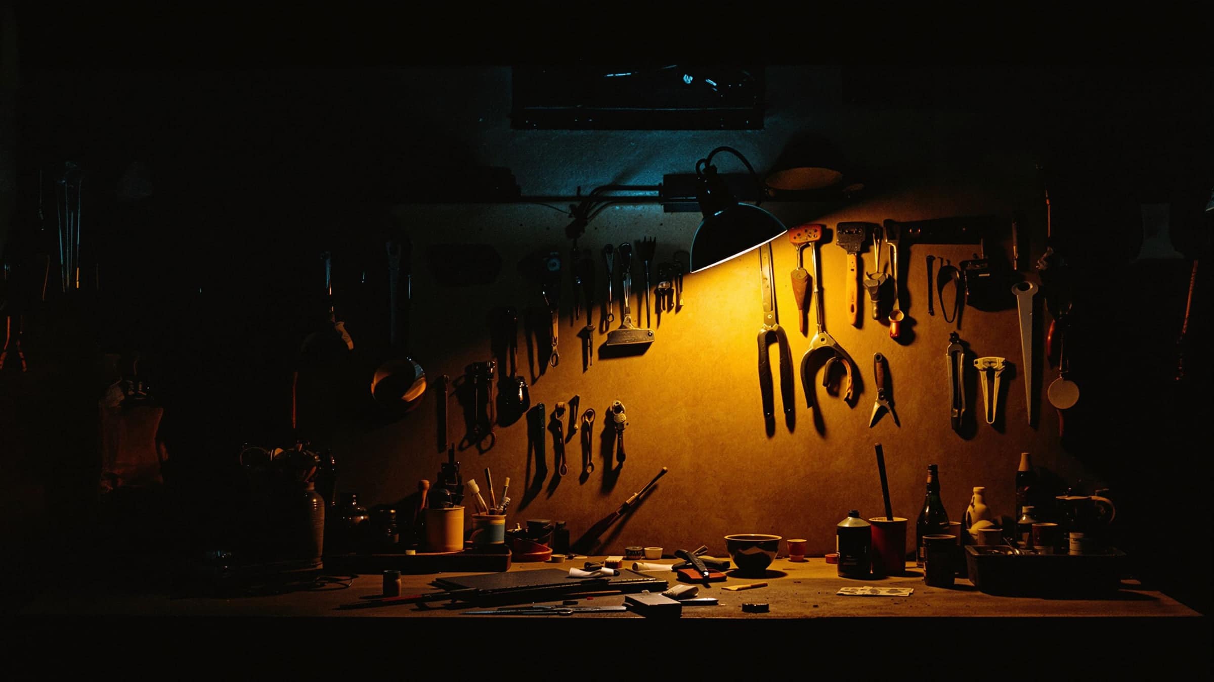 A workbench lit by a single lamp in a dark workshop.