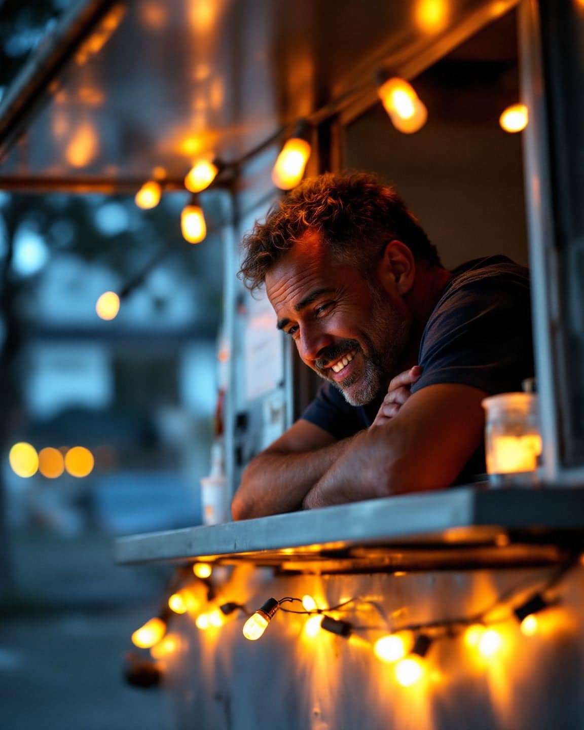 A food truck owner counts the day's takings at the service window at dusk.