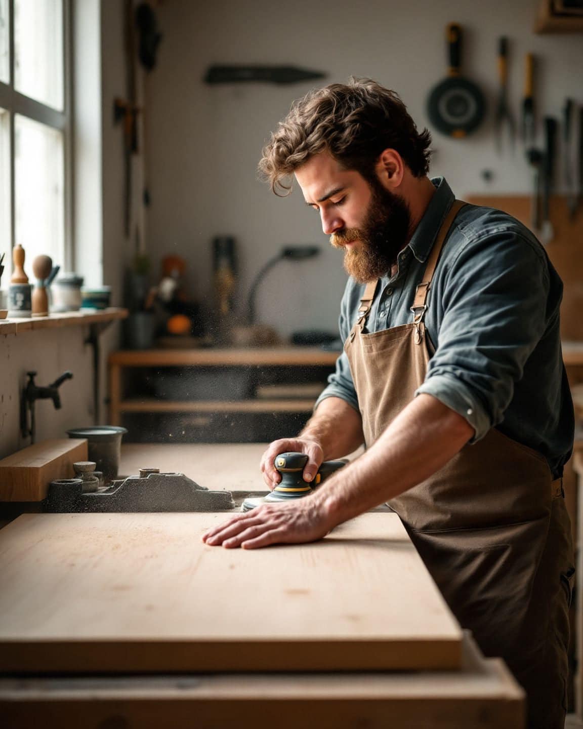 A woodworker sands a table top in his small shop.