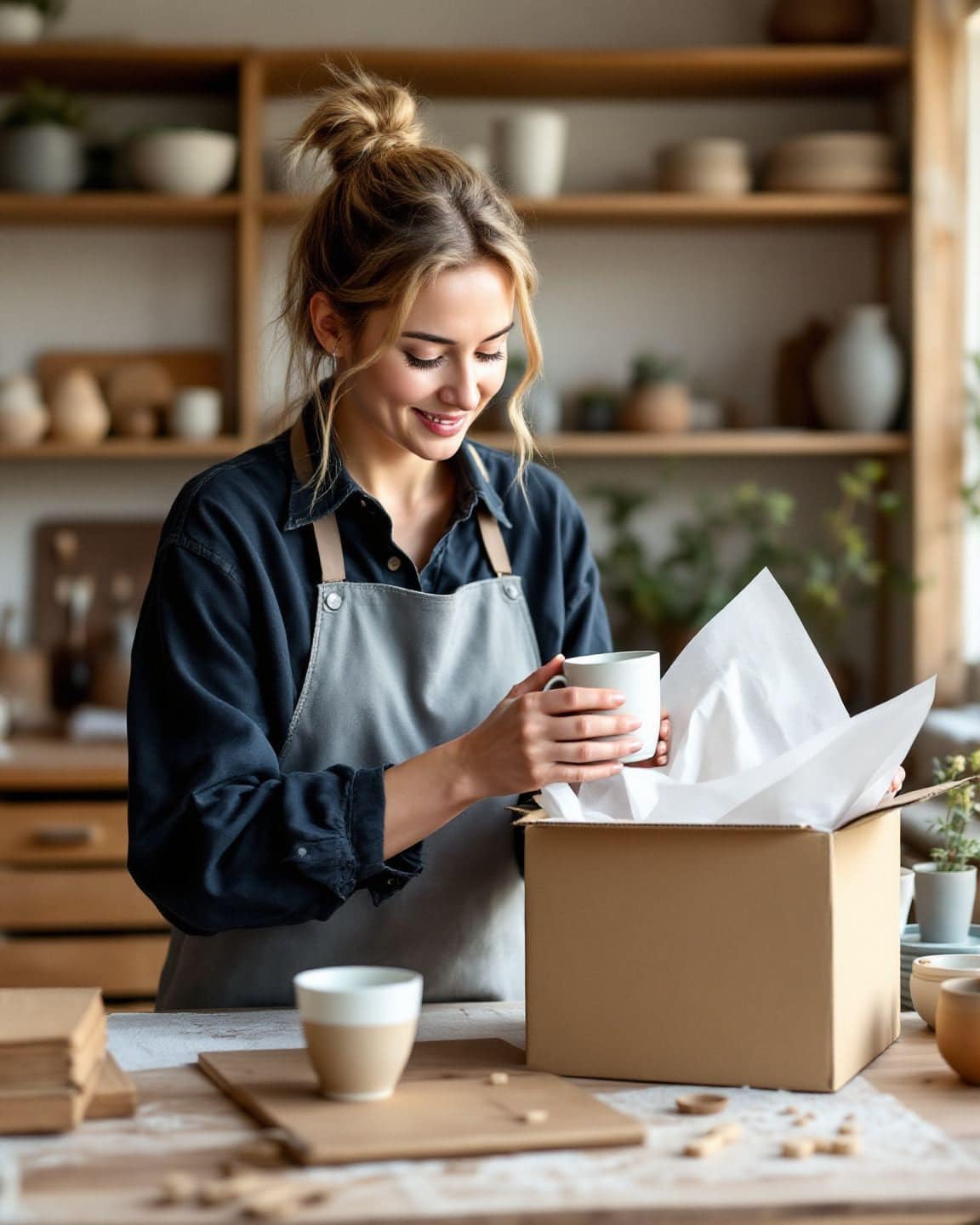 A ceramicist packs a handmade mug into a box for shipping.