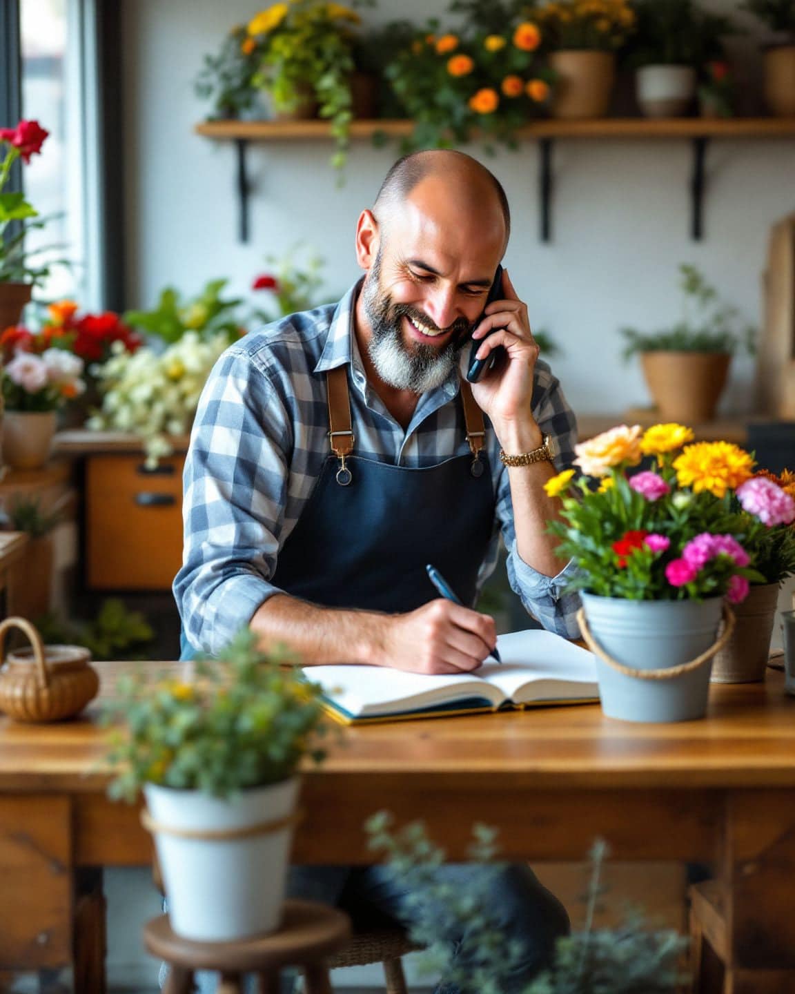 A florist takes a phone call at the counter of his flower studio.