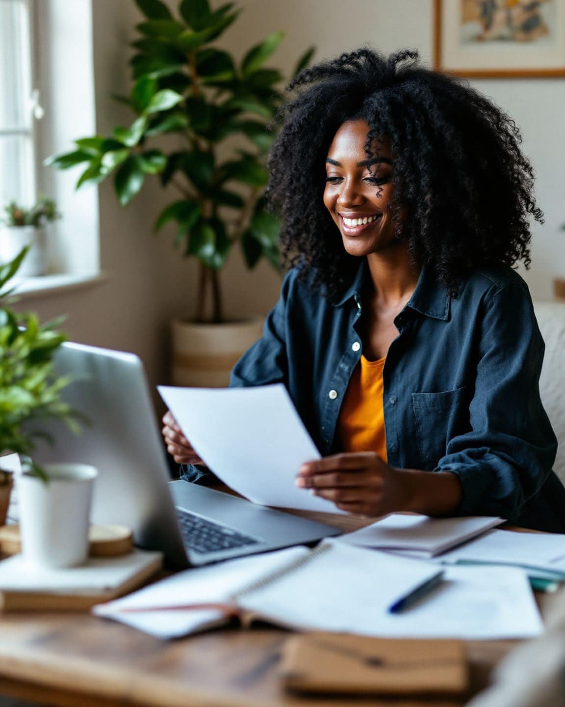 A freelancer works at her desk with a laptop and paper forms.