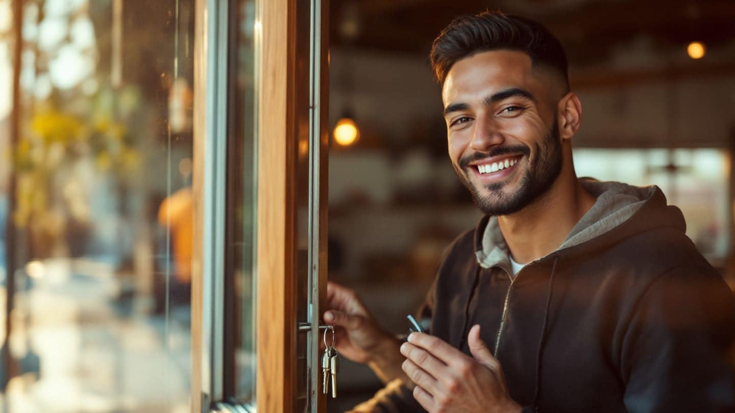 A young man unlocks the door of his new workshop on the first morning.