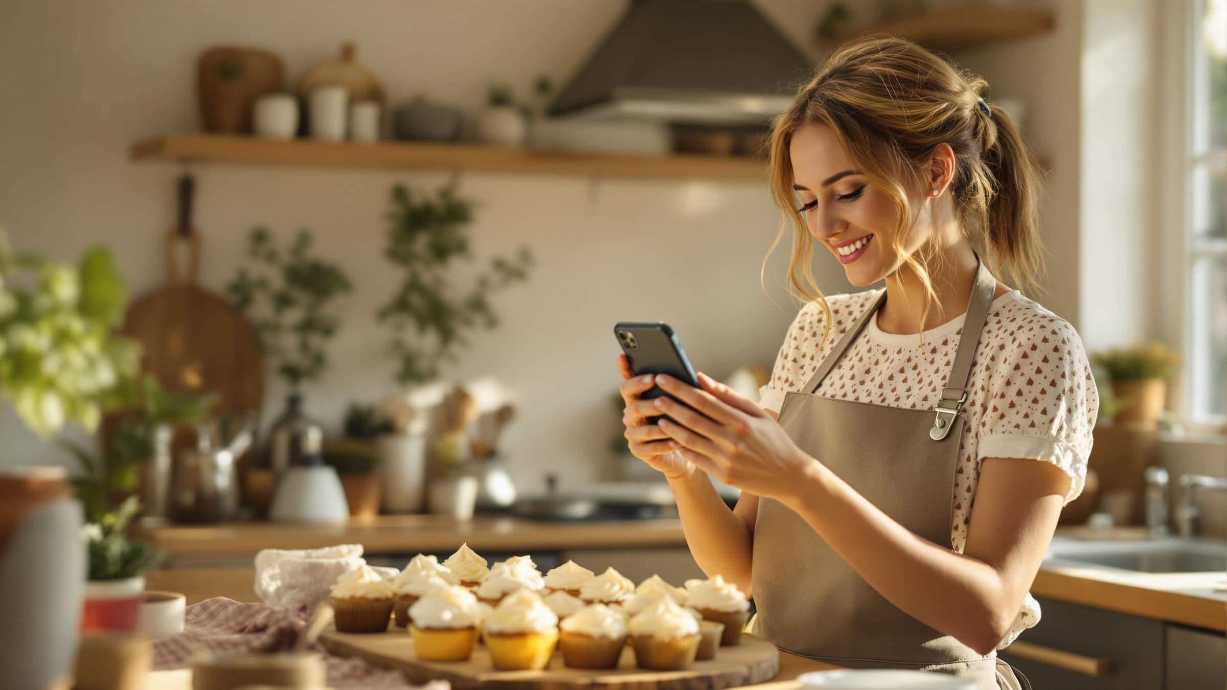 A home baker in an apron photographs her cupcakes with a phone in a sunny kitchen.